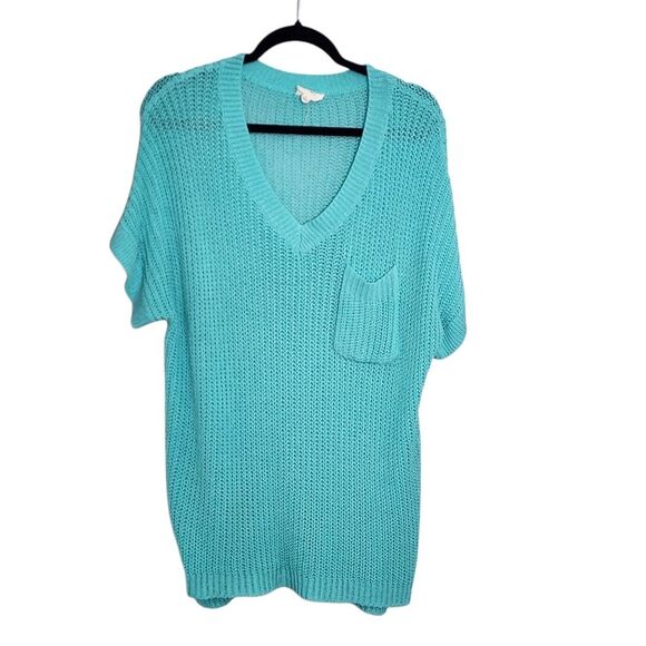 BiBi Top Blue Loose Knit Short Sleeve Sweater Blouse Beachy Oversized L - Picture 1 of 4
